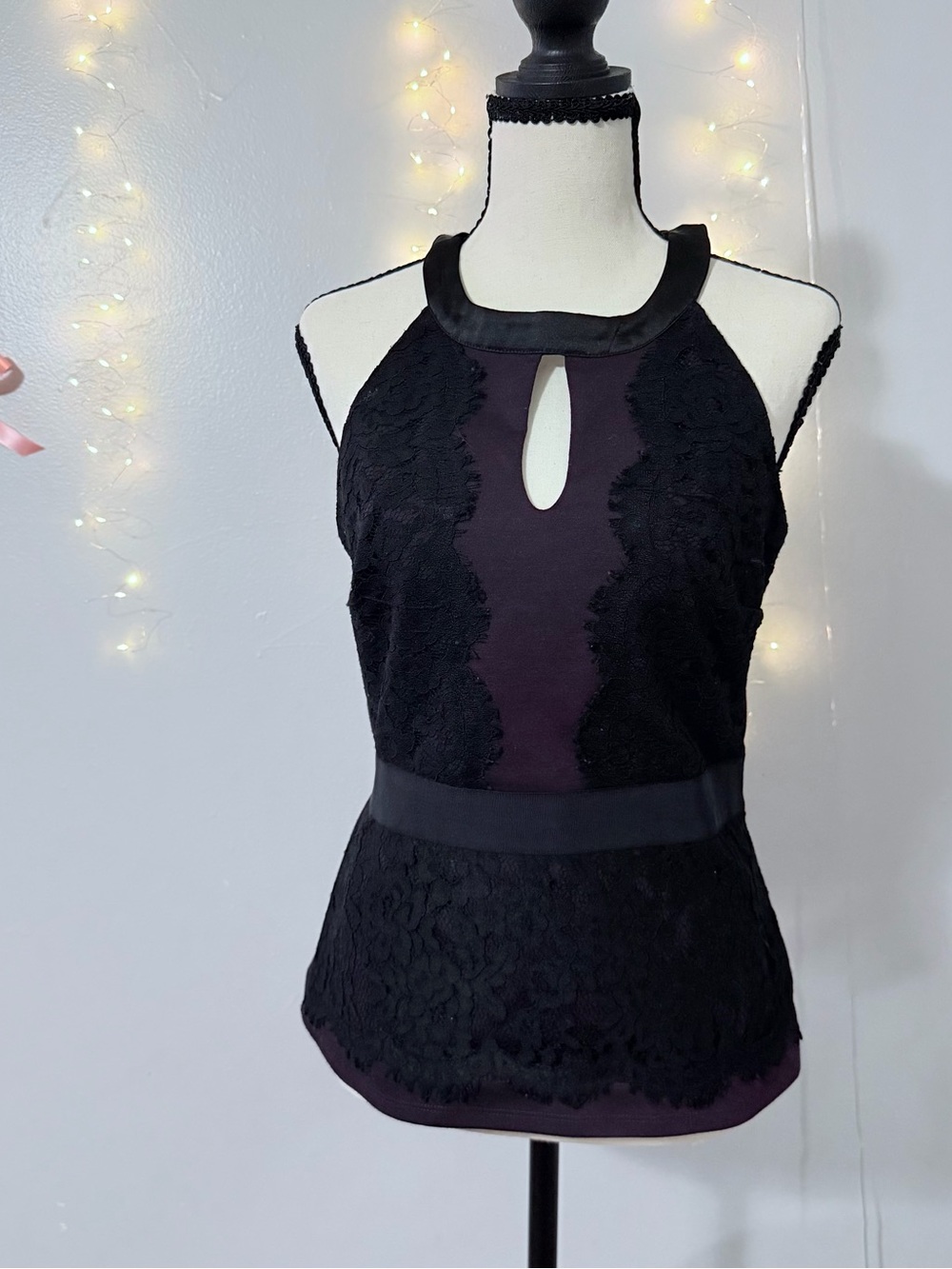 New York & Company Black and Deep Purple Lace Halter Top
